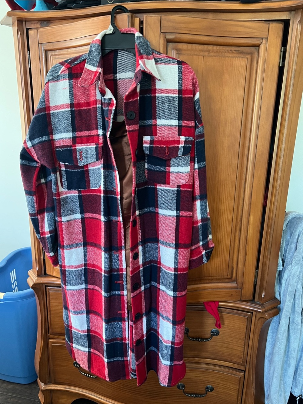 Plaid Red & Navy Long Pea Coat Jacket - Unbranded